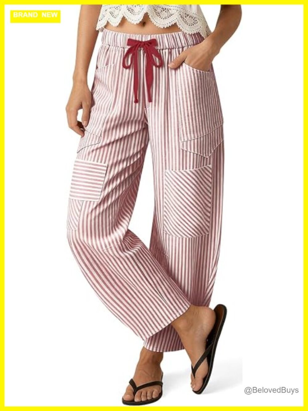 Striped Linen-Blend Barrel Pants Wide Leg Drawstring Baggy Summer Lounge Pants